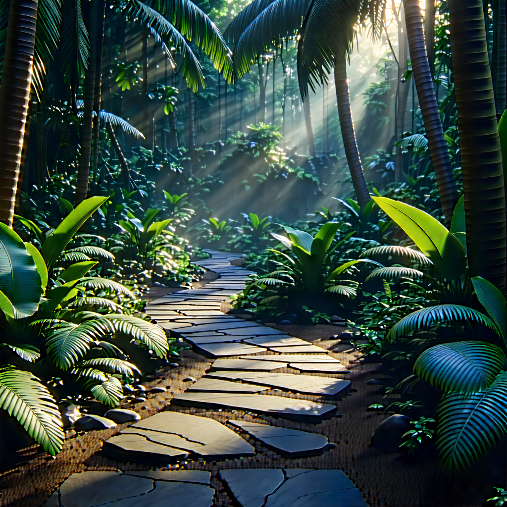 Nature Digital Art: Path Through Tropical Jungle With Lush, Tropical