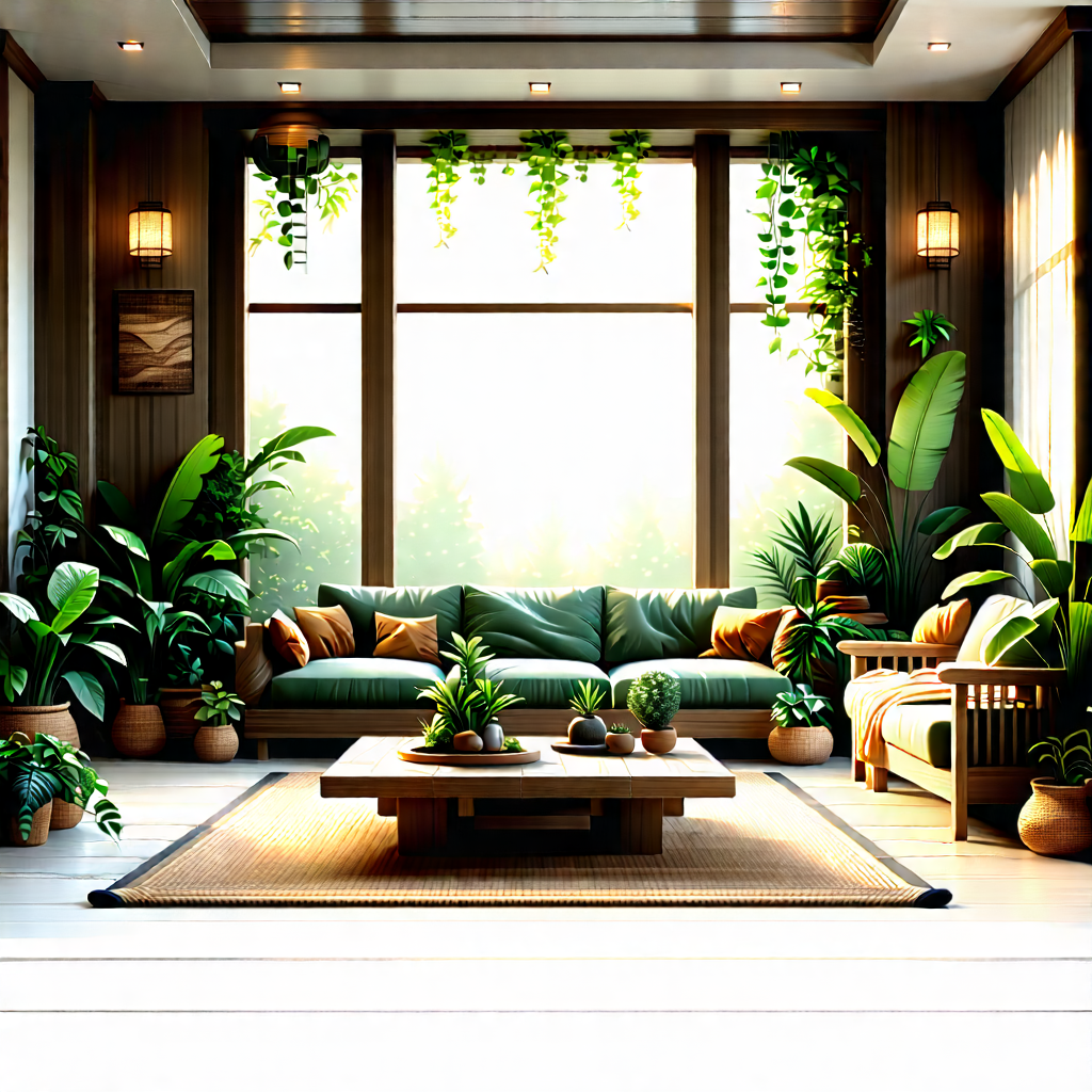 Lifestyle Concept Art: Cozy Living Room With Plants And Natural Elements With Spacious Living