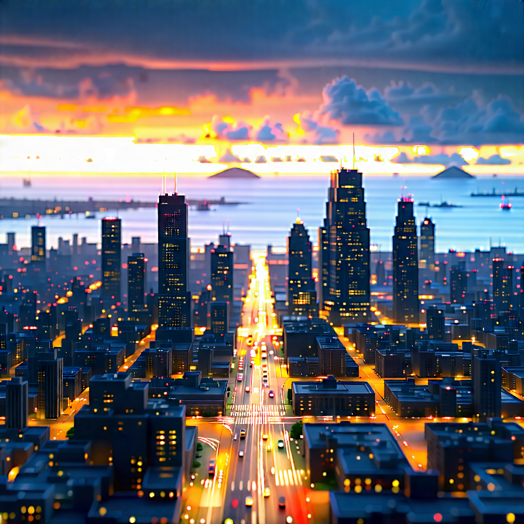 Urban Graphic Design: Cityscape Of Downtown District During (sunset:1.28) With Beautifully Drawn