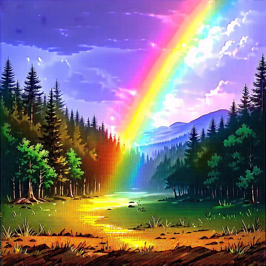 Nature Ink Drawing: Rainbow Over (forest:1.35) Clearing With Beautiful Rainbow,