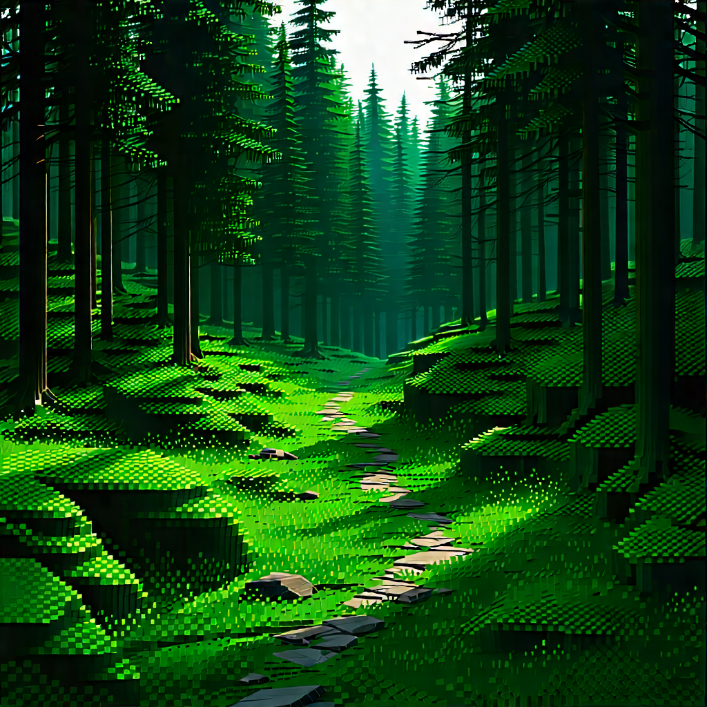 Nature Voxel Art: Path Through Dense Forest With Image, There