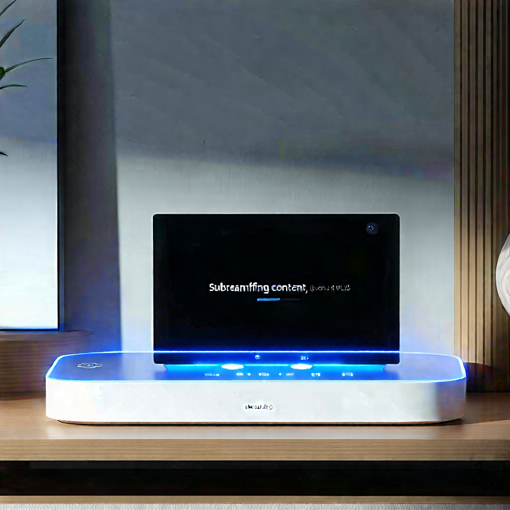 Tech Concept Art: Smart Home Device With Streaming Content With Laptop Computer