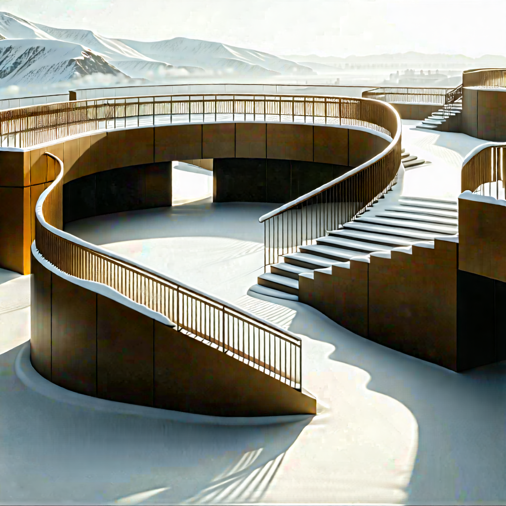 Urban Geometric Design: Observation Deck With Snow Covering With Large, Curved