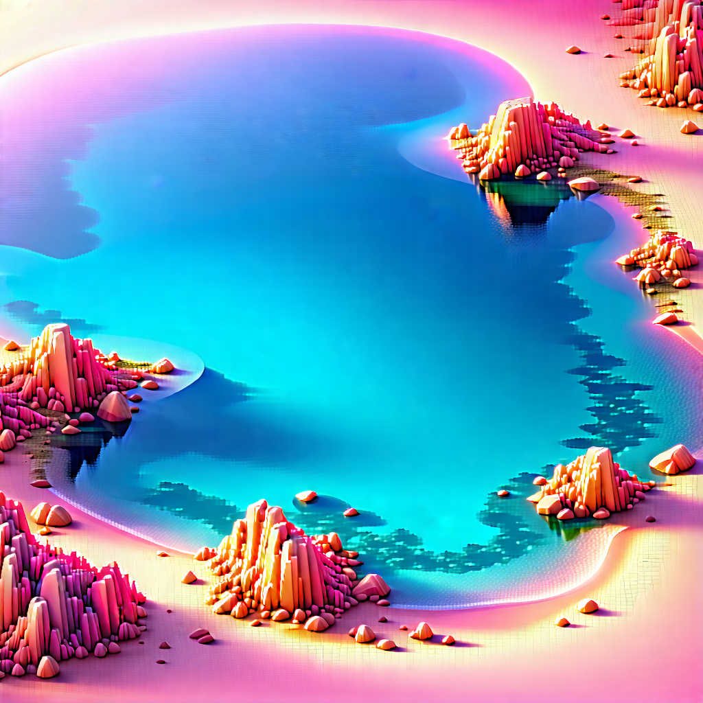 Nature Diagram Style: Crystal Clear Lake Surrounded By Rocky Shores With Computer-generated, Three-dimensional