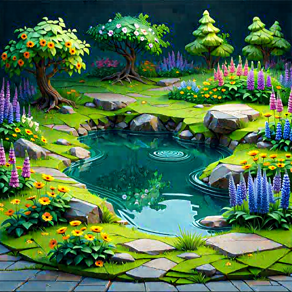 Nature Isometric Design: Tranquil Pond Surrounded By Wildflowers With Image, There