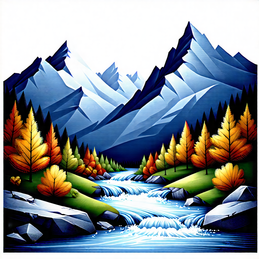 Nature Pencil Sketch: (mountain:1.46) Stream Surrounded By Autumn Trees With Beautiful Painting