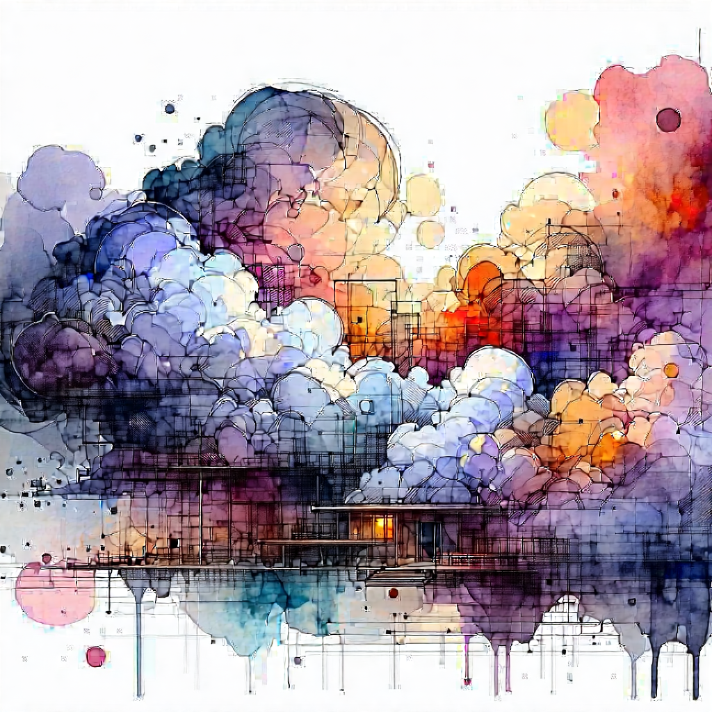 Tech Ink Drawing: Cloud Computing Visualization With Watercolor Painting