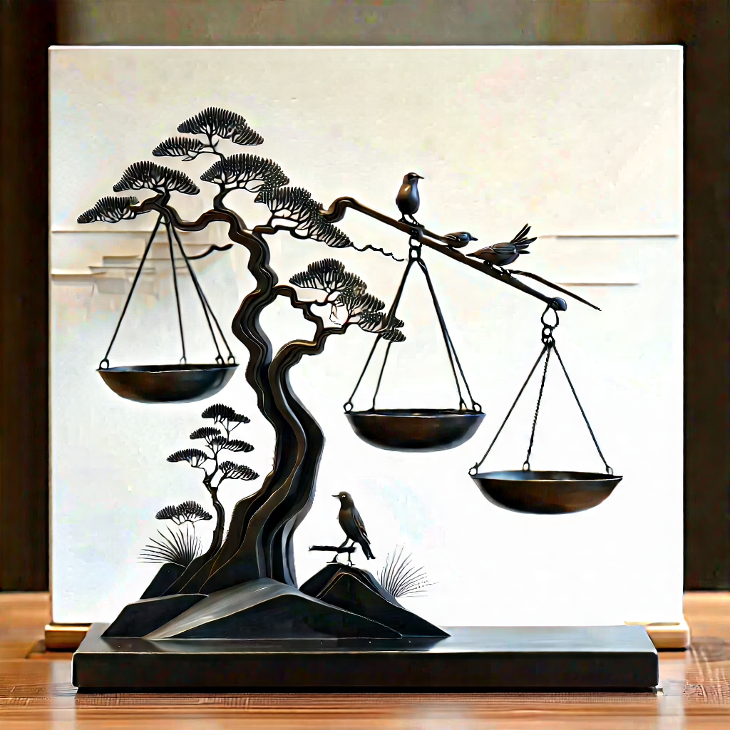 Abstract Sumi-e Painting: Metal Sculpture With Balance With Black White