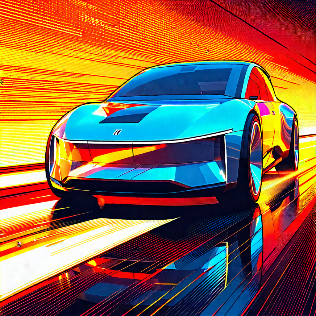 Tech Woodcut Print: Innovative Electric Vehicle Design With Blue Sports