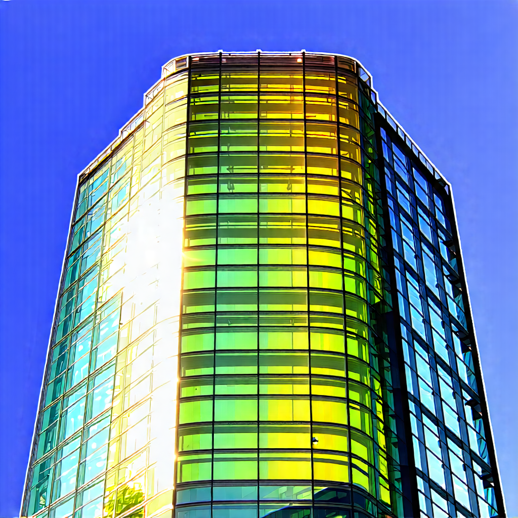 Urban Digital Illustration: Glass Office Tower With Artistic Facade With Large, Colorful