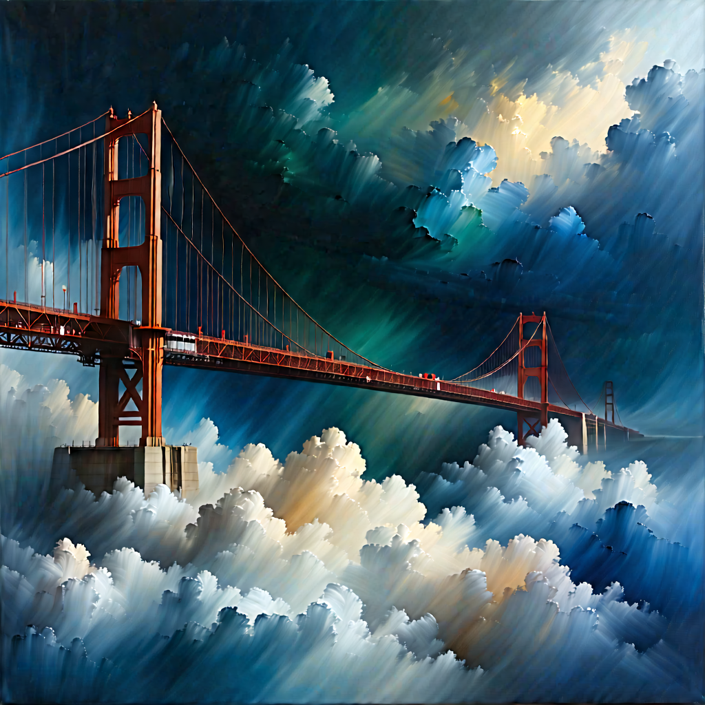 Urban Acrylic Painting: Iconic Bridge With Dramatic Clouds With Large Bridge