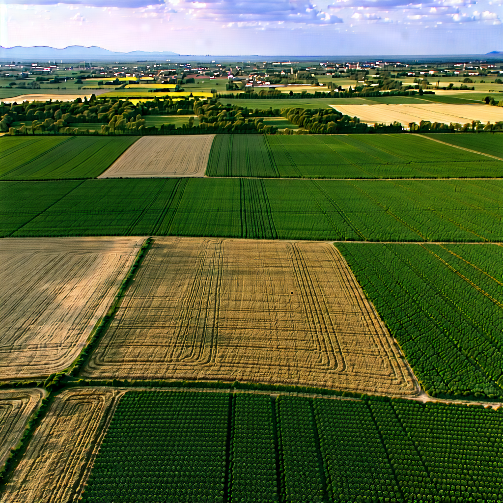 Nature Etching: Aerial View Of Agricultural Fields With Large, Aerial