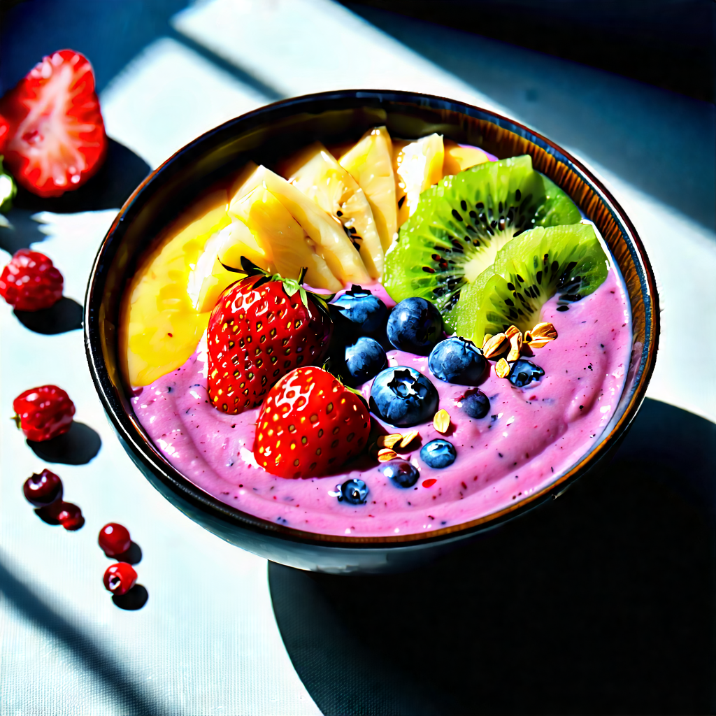 Lifestyle Woodcut Print: Smoothie Bowl Prepared With Vibrant Colors With Bowl Filled