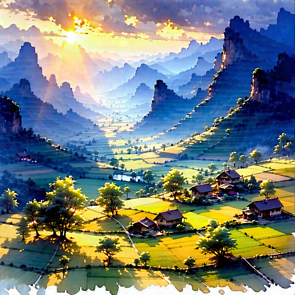Nature Watercolor Painting: Valley During Golden Hour With Beautifully Drawn