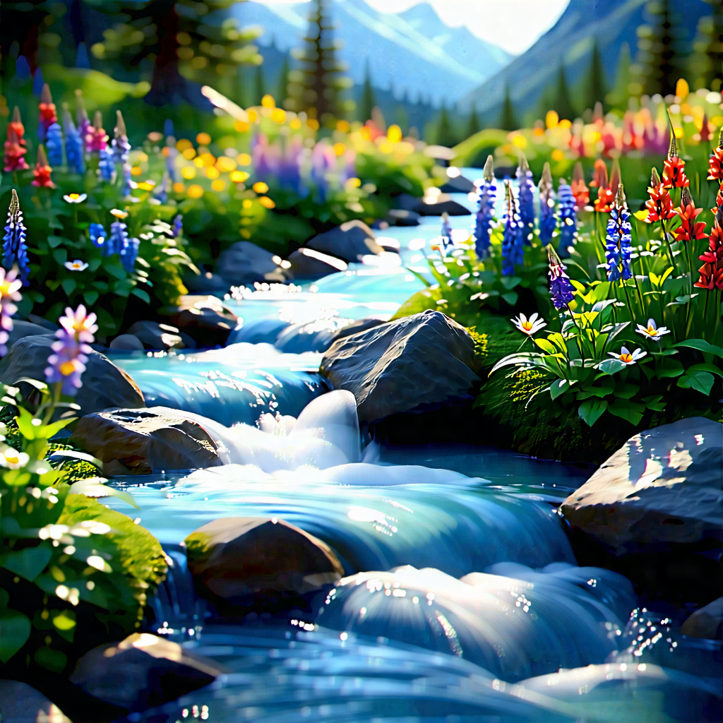 Nature Cinema 4d: Mountain Stream Surrounded By Wildflowers With Beautiful Waterfall