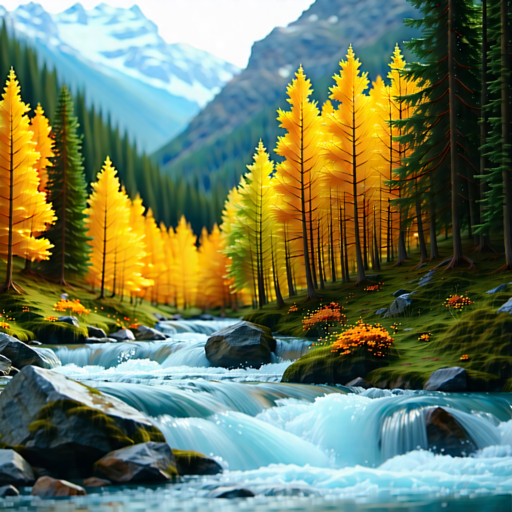 Nature Blender Artwork: Mountain Stream Surrounded By Autumn Trees With Painting River