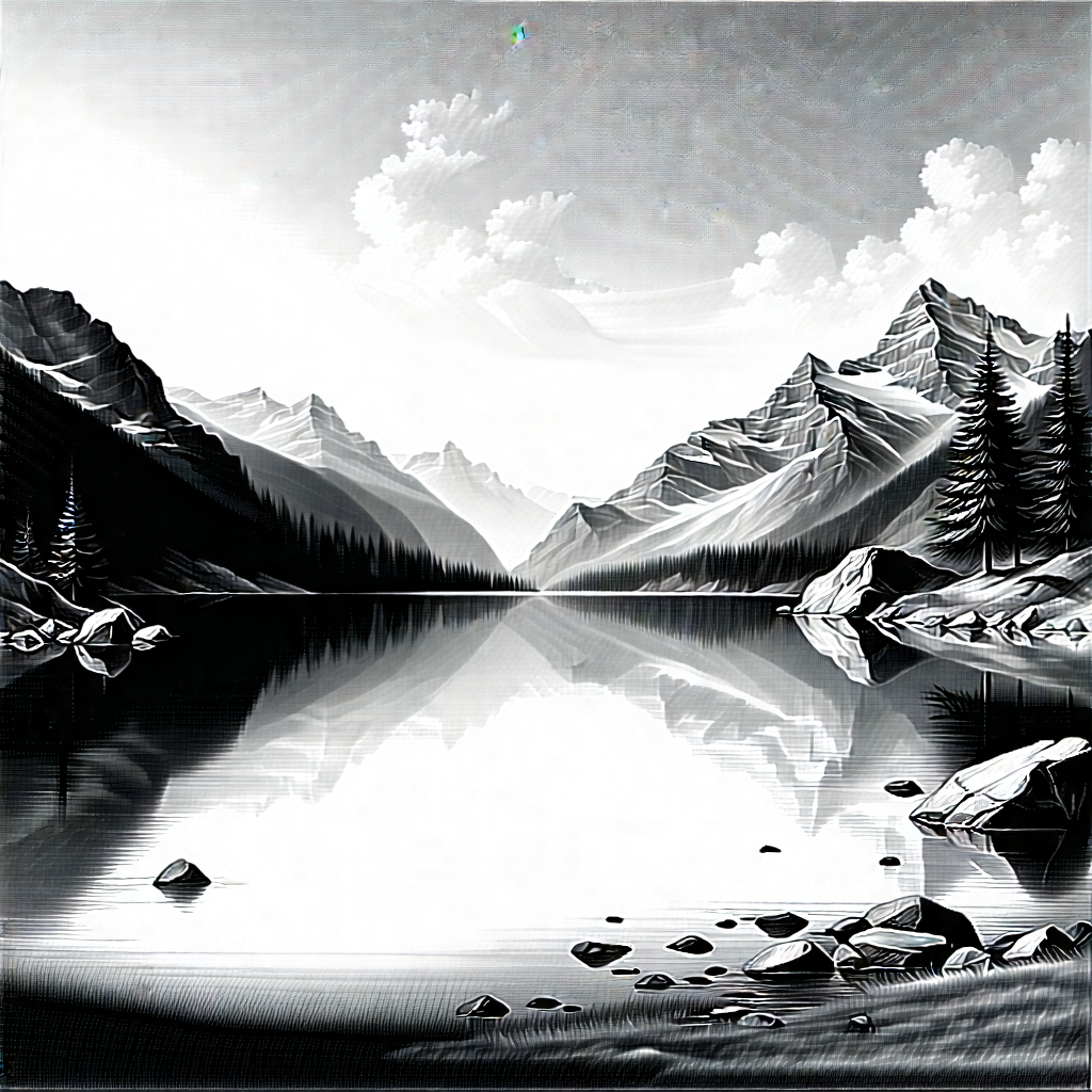 Nature Charcoal Drawing: Clear Sky Over Alpine (lake:1.17) With Black White