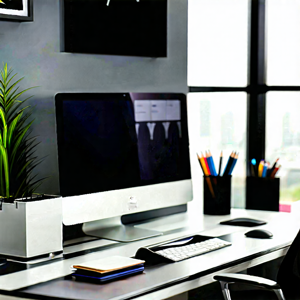 Business Digital Art: Workplace With Modern Office Supplies On Desk With Computer Desk