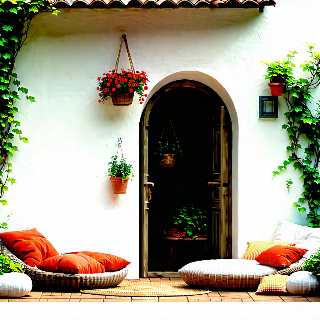 Lifestyle Digital Art: Balcony Garden With Comfortable Textiles With White Doorway