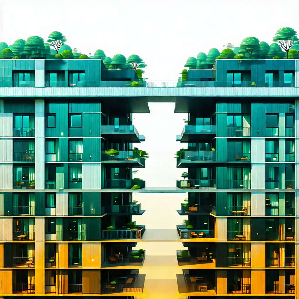 Urban Architectural Photography: Modern Apartment Complex With Green Rooftop With Large Building