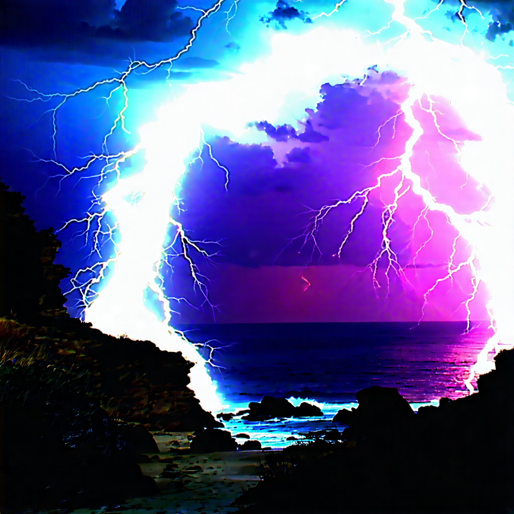 Nature Minimalist Design: Lightning Over Coastline With Beautiful Sunset