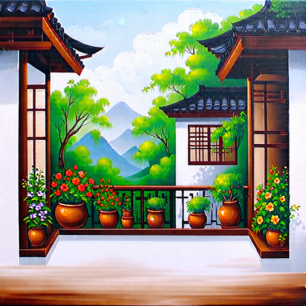 Lifestyle Acrylic Painting: Balcony Garden With Organized Space With Beautifully Painted
