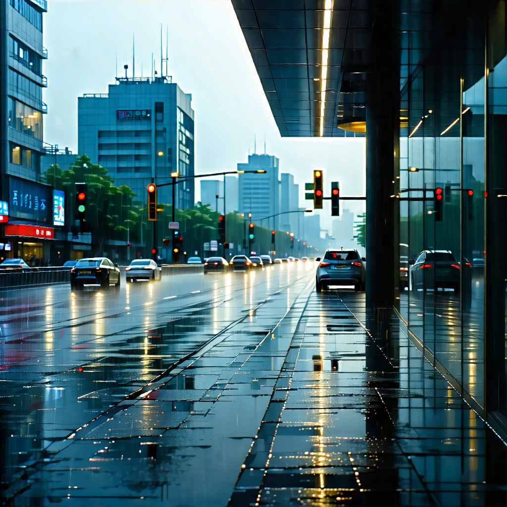 Urban Macro Photography: Observation Deck With Rain-slicked Streets With Busy City