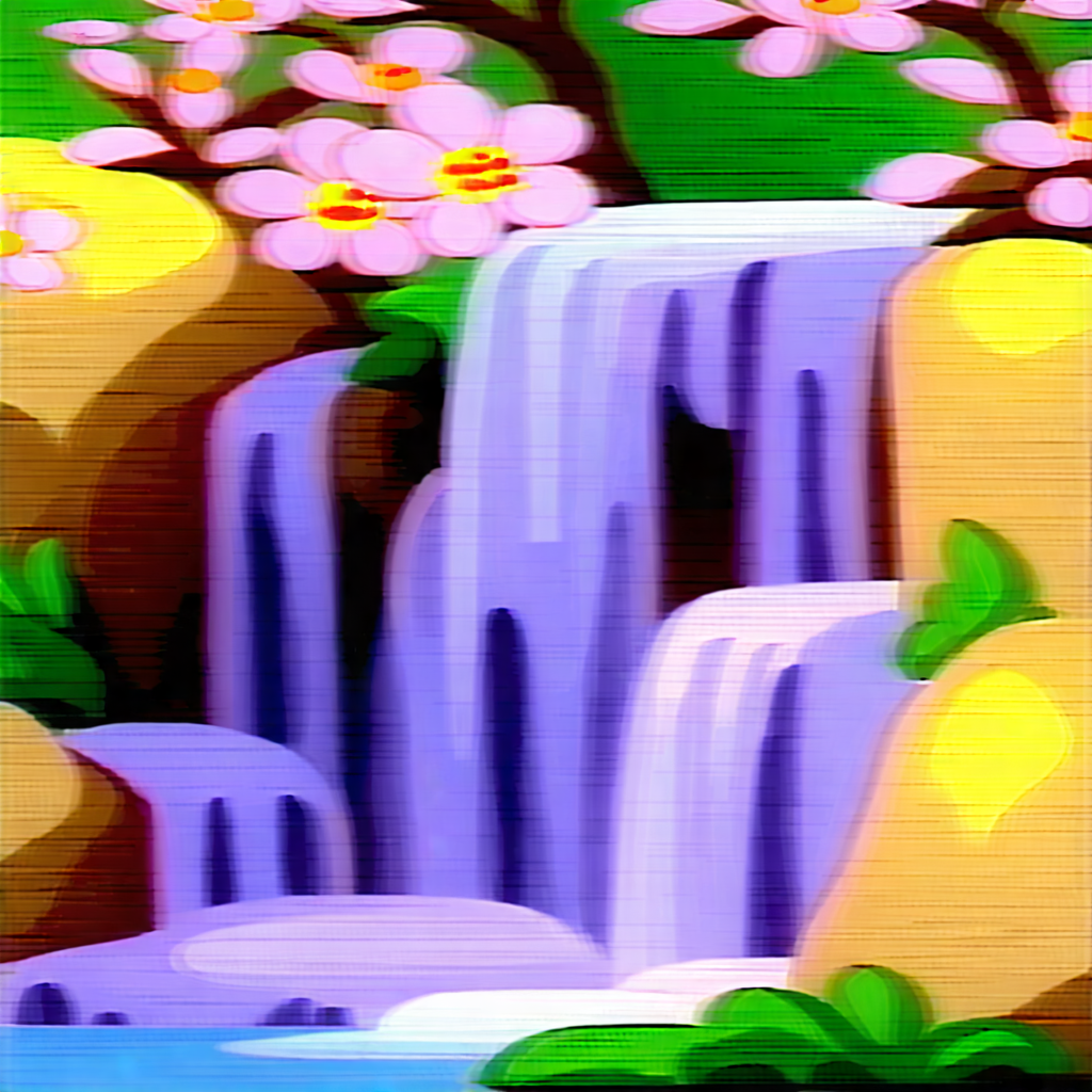Nature Gouache Painting: Waterfall In Spring Bloom With Beautiful Waterfall