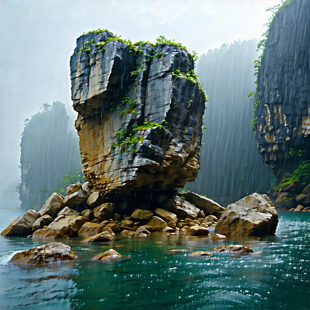 Nature Octane Render: Rock Formation In Rainy Season With Large Rock