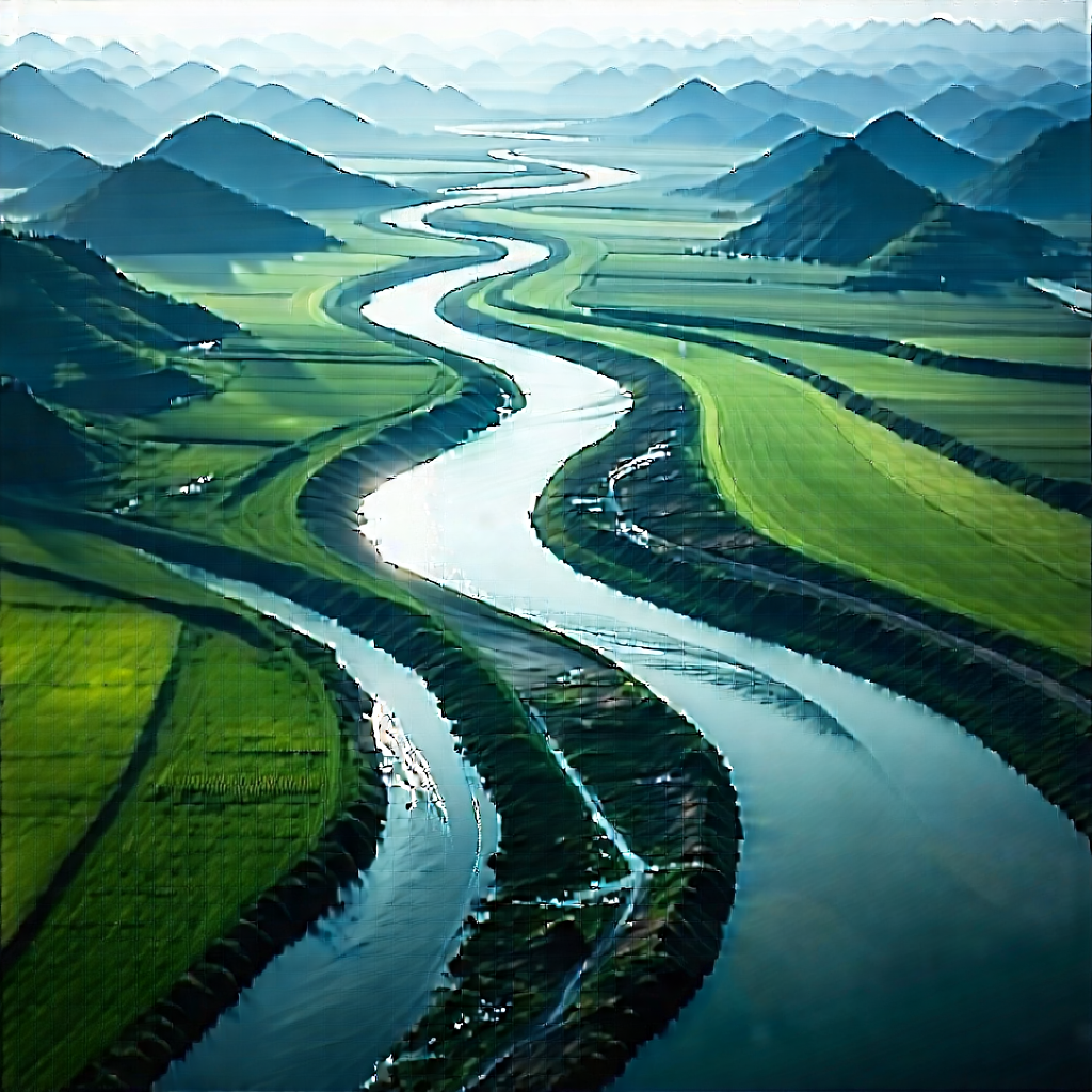 Nature Etching: Aerial View Of Winding River With Large River