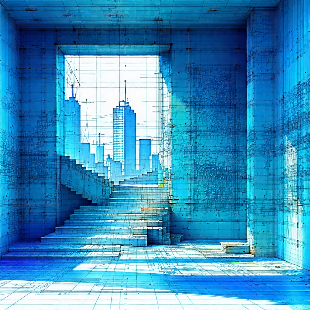 Urban Blueprint Style: Urban Street Art Viewing Scene With Blue Staircase