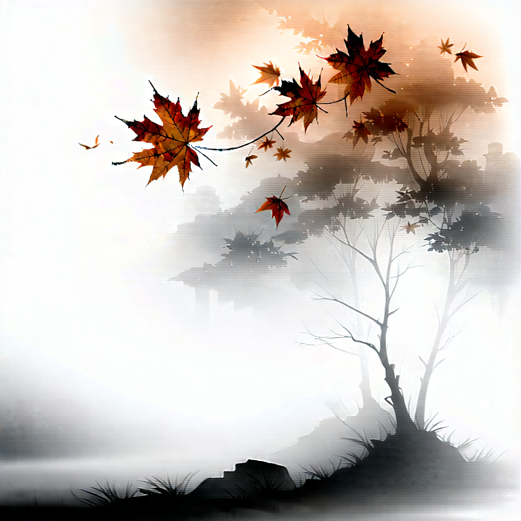 Nature Ink Drawing: Autumn Leaves In Misty Environment With Image, There