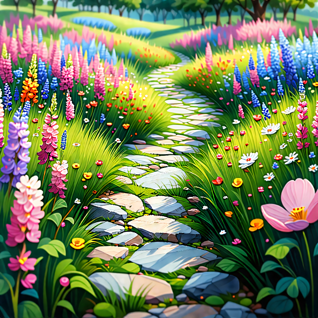 Nature Abstract Design: Path Through Flowering Meadow With Beautiful, Colorful