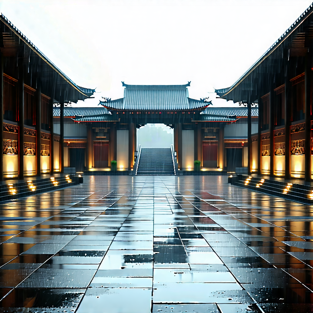 Urban Stock Photography: Cultural Center With (rain:1.27)-slicked Streets With Large, Ornate