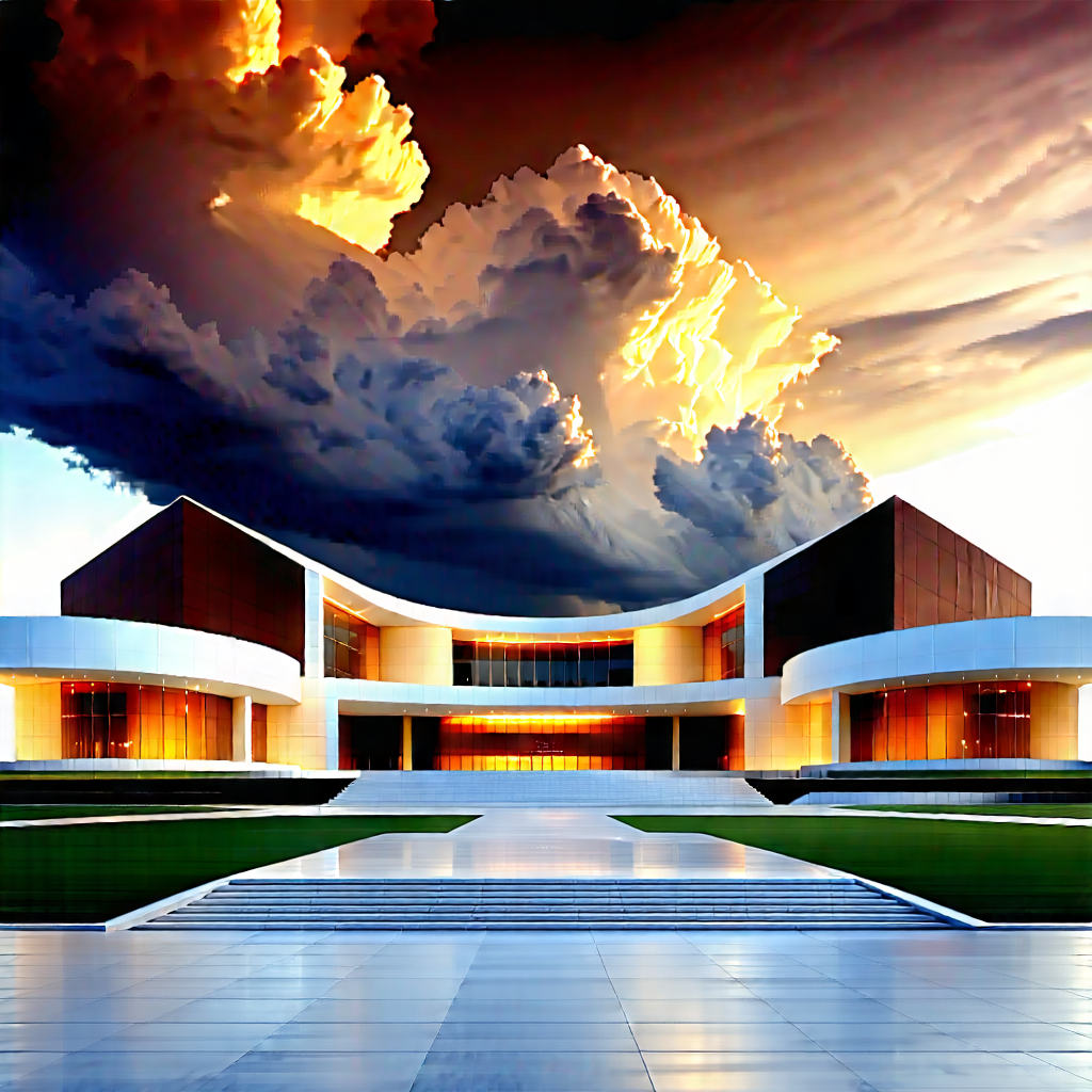 Urban Lithograph: Cultural Center With Dramatic Clouds With Large, Modern