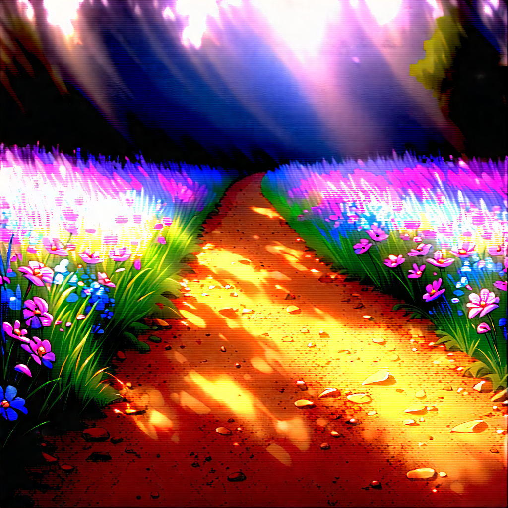Nature Pencil Sketch: Path Through Flowering Meadow With Pathway Surrounded
