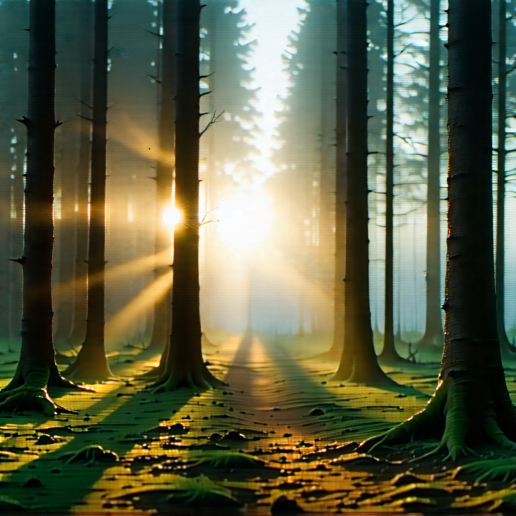 Nature Lithograph: Forest Scene During Sunrise With Serene Forest