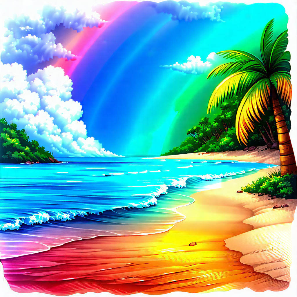 Nature Ink Drawing: Rainbow over tropical beach