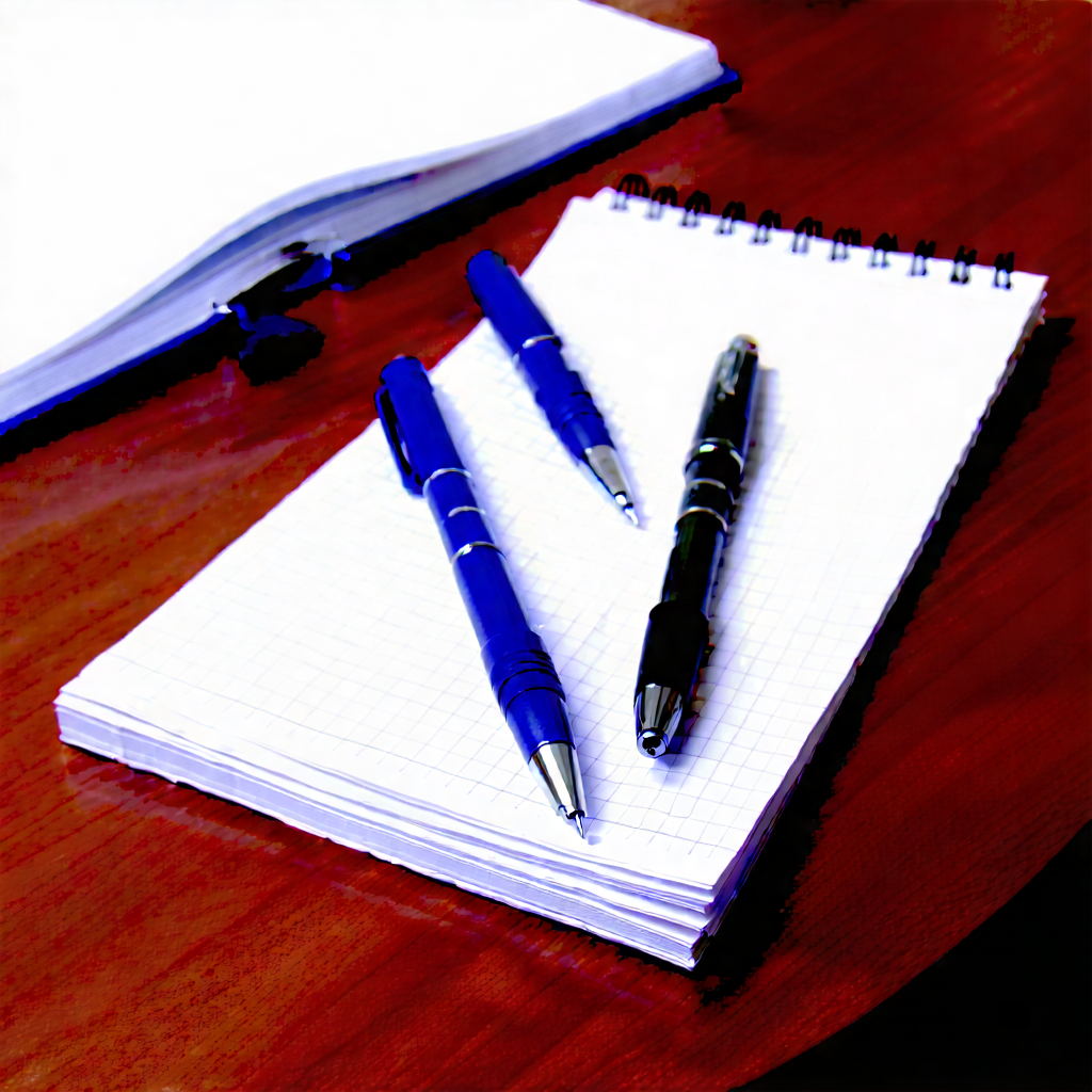 Business Professional Photography: Workplace With Notebooks And Pens On Desk With Wooden Desk