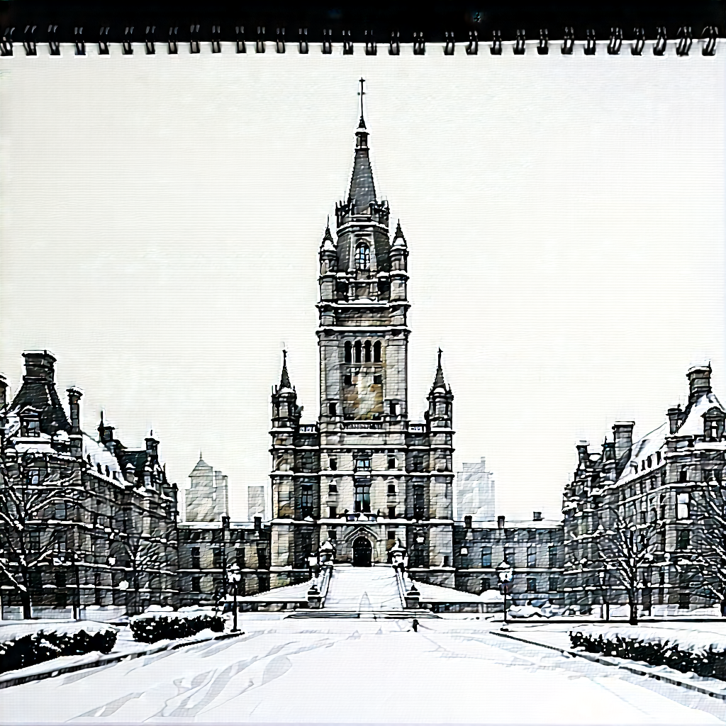 Urban Charcoal Drawing: Famous Building With (snow:1.39) Covering With Large, Ornate
