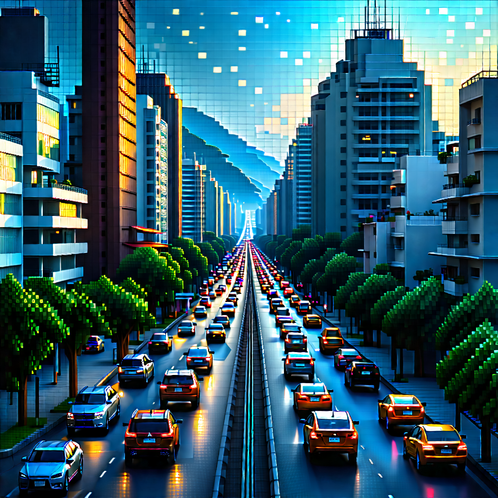 Urban Geometric Design: Cityscape Of Coastal (city:1.23) During Rush Hour With Busy City