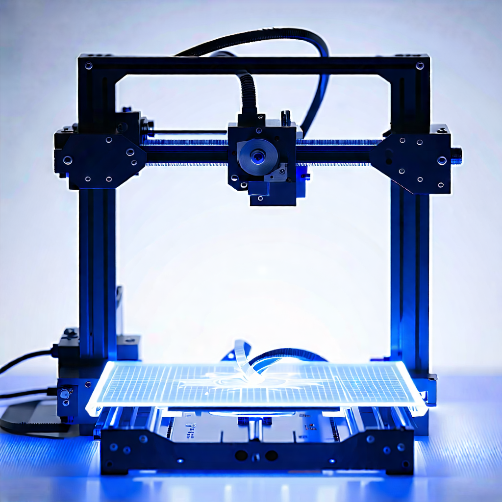 Tech Technical Illustration: 3d Printer With Holographic Projection With Large Blue