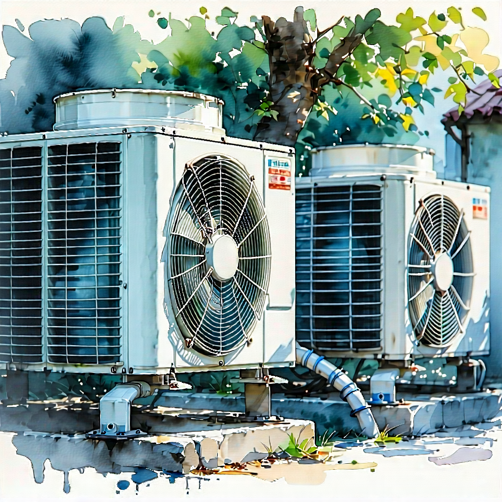 Tech Watercolor Painting: Close-up Of Cooling System With Large Conditioning
