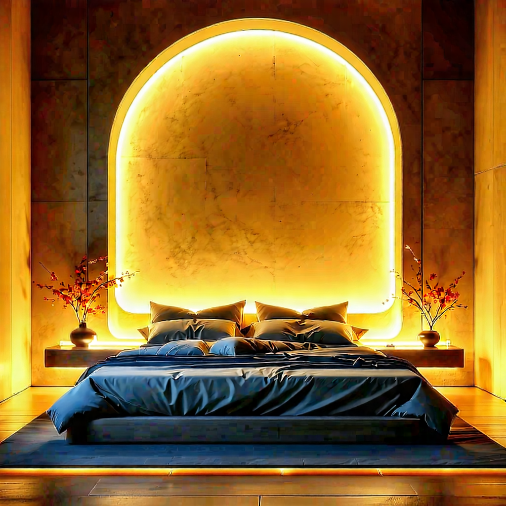 Lifestyle Geometric Design: Bedroom sanctuary with warm lighting