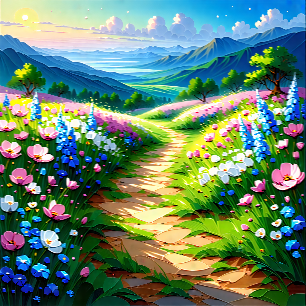 Nature Gouache Painting: Path Through Flowering Meadow With Beautiful, Colorful