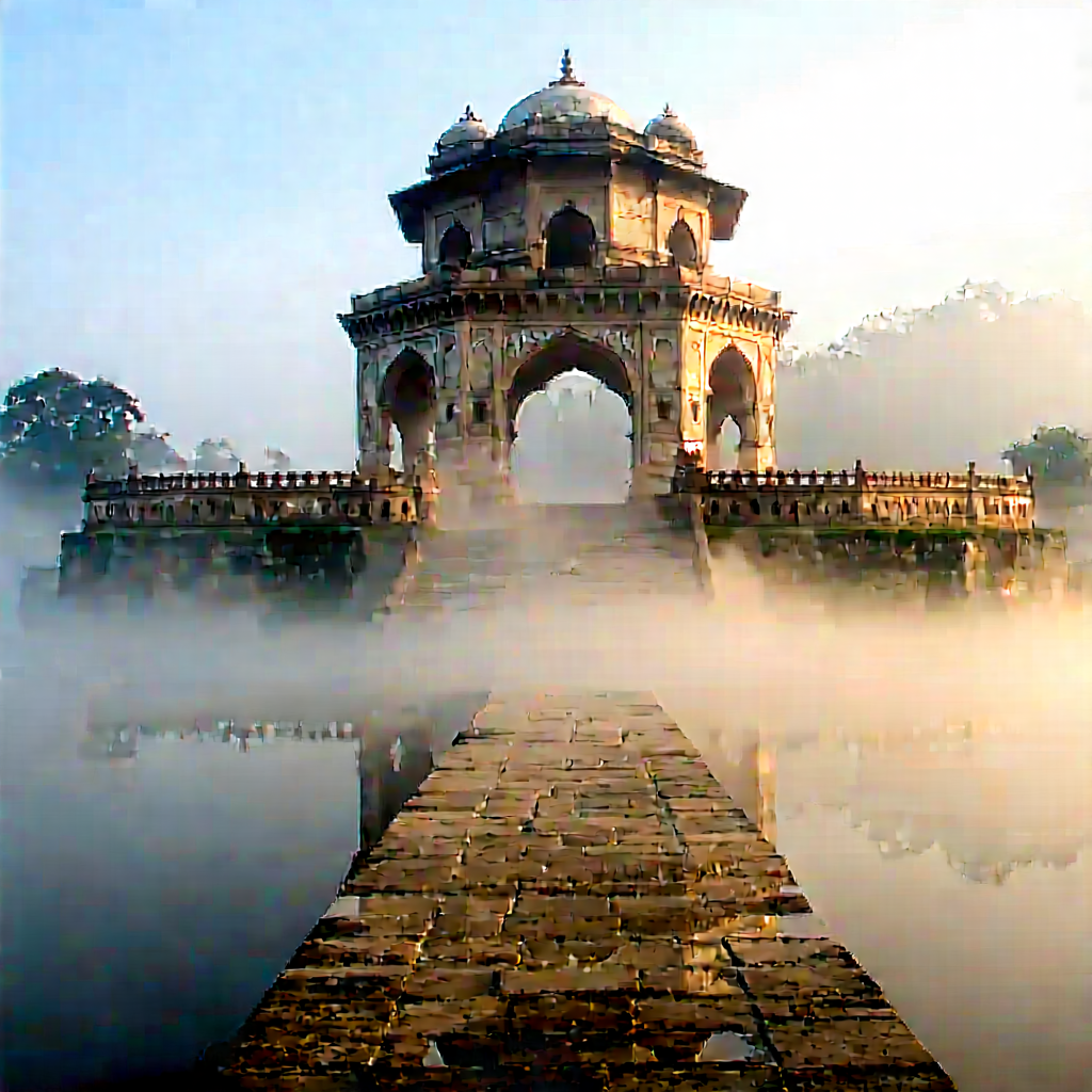 Urban Long Exposure Photography: Historic Monument With Morning Mist With Beautiful Palace