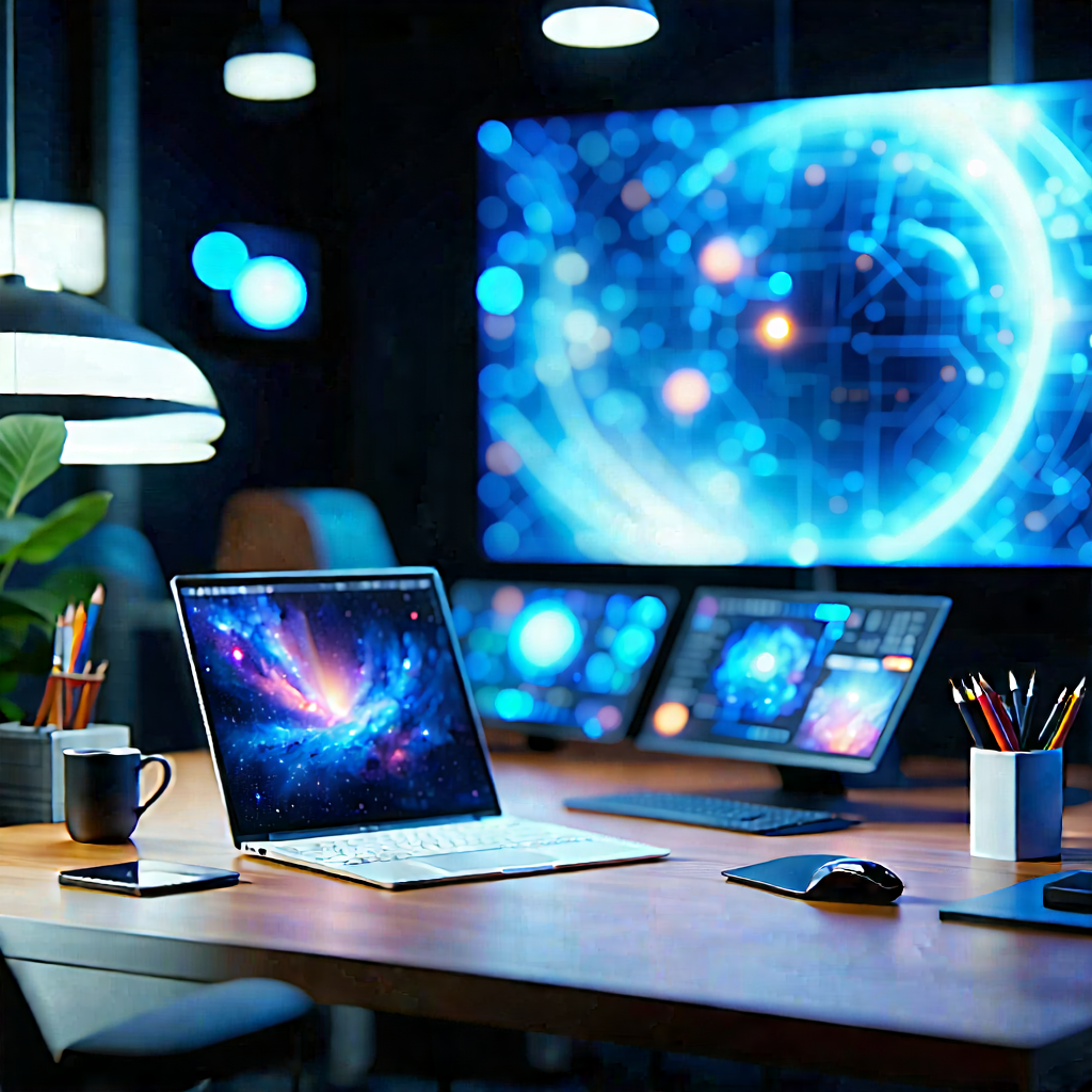 Tech Oil Painting: (futuristic:1.23) Digital Workspace With Wooden Desk