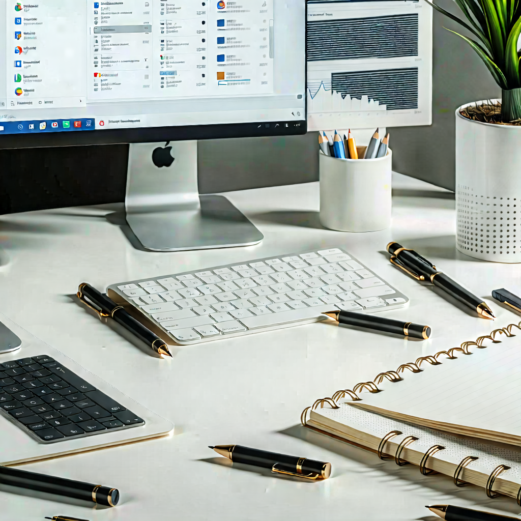 Business Cinema 4D: Workplace with notebooks and pens on desk