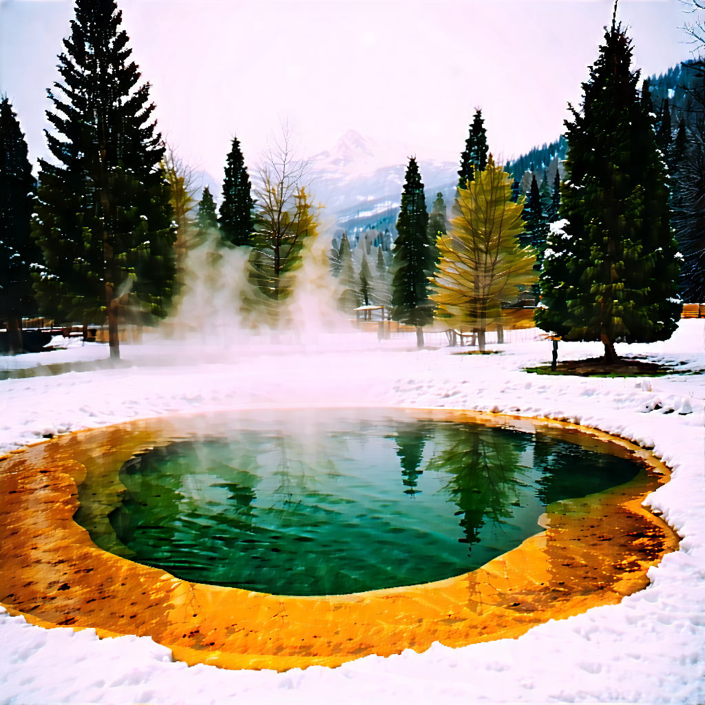 Nature Acrylic Painting: Hot Spring Surrounded By (snow:1.18)-covered Trees With Large, Round,