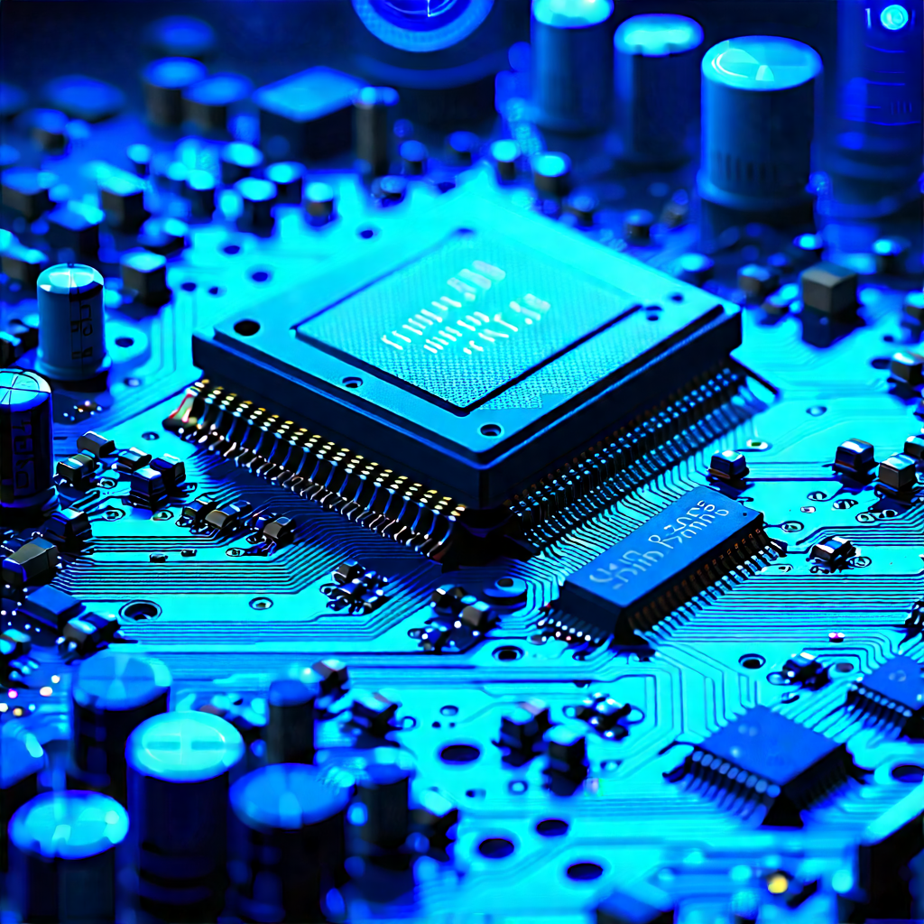 Tech Editorial Photography: Circuit Board With Blue Light Glow With Close-up Computer